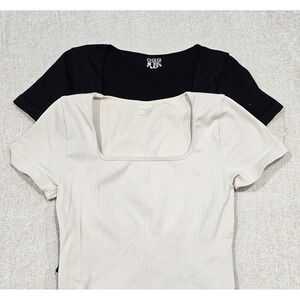 EUC OQQ Ribbed Compression Bodysuit Square Neck Black/Cream Minimalist Womens XL